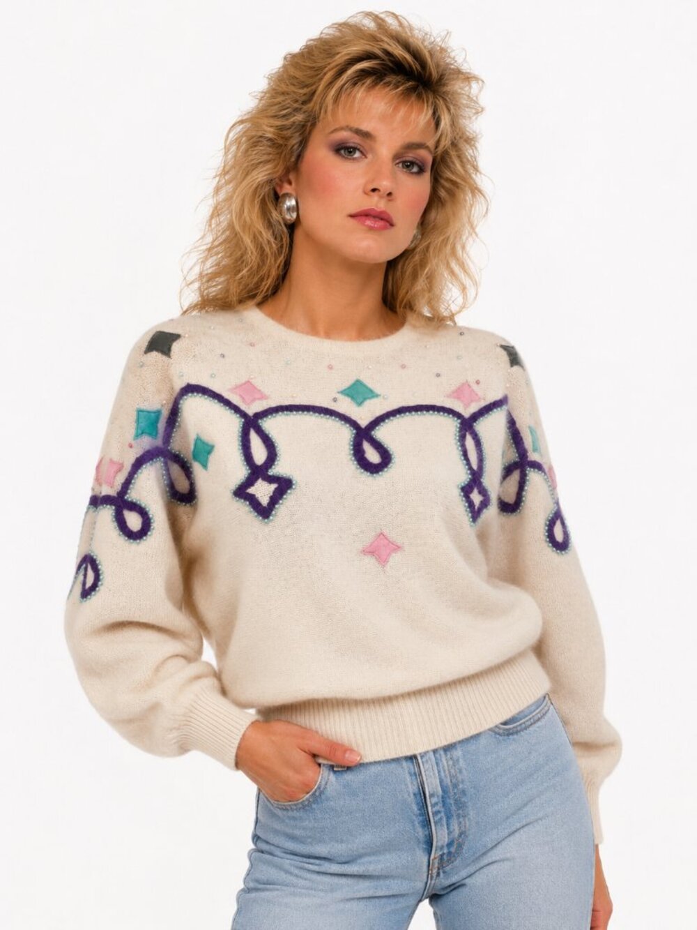 Vintage 80s Pastel Angora Geometric Sweater Cream Ivory Large